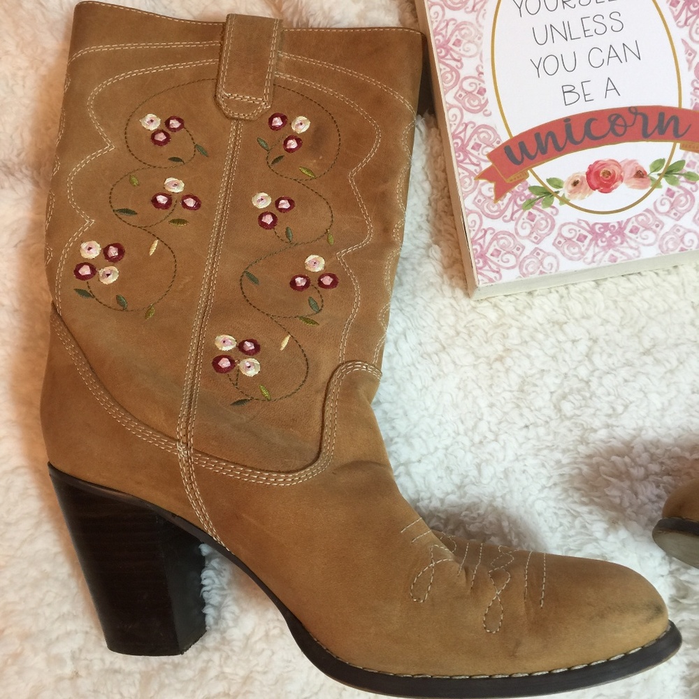 Anthropologie Tan Embroidered Ankle Boots